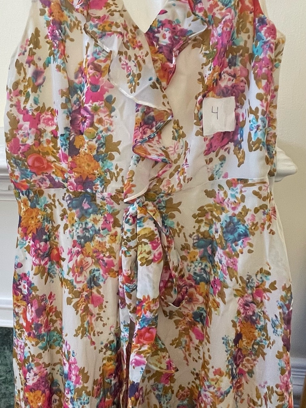 Floral Ruffle Tie-Waist Midi Dress - White/Pink Multicolor